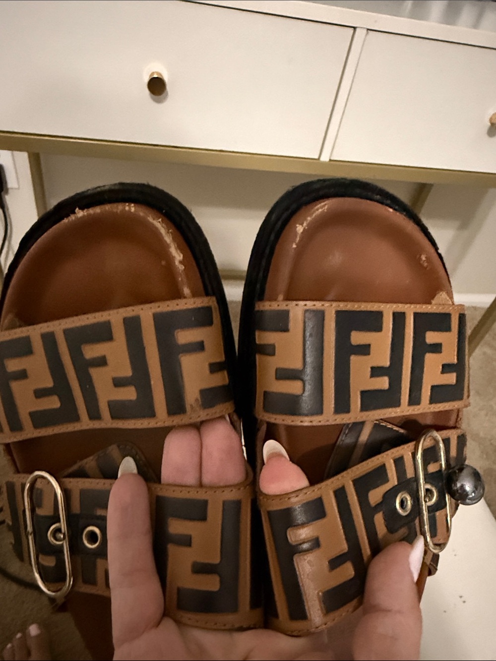 Fendi Tan and Black FF Logo Double Strap Slide Sandals - Picture 4 of 7